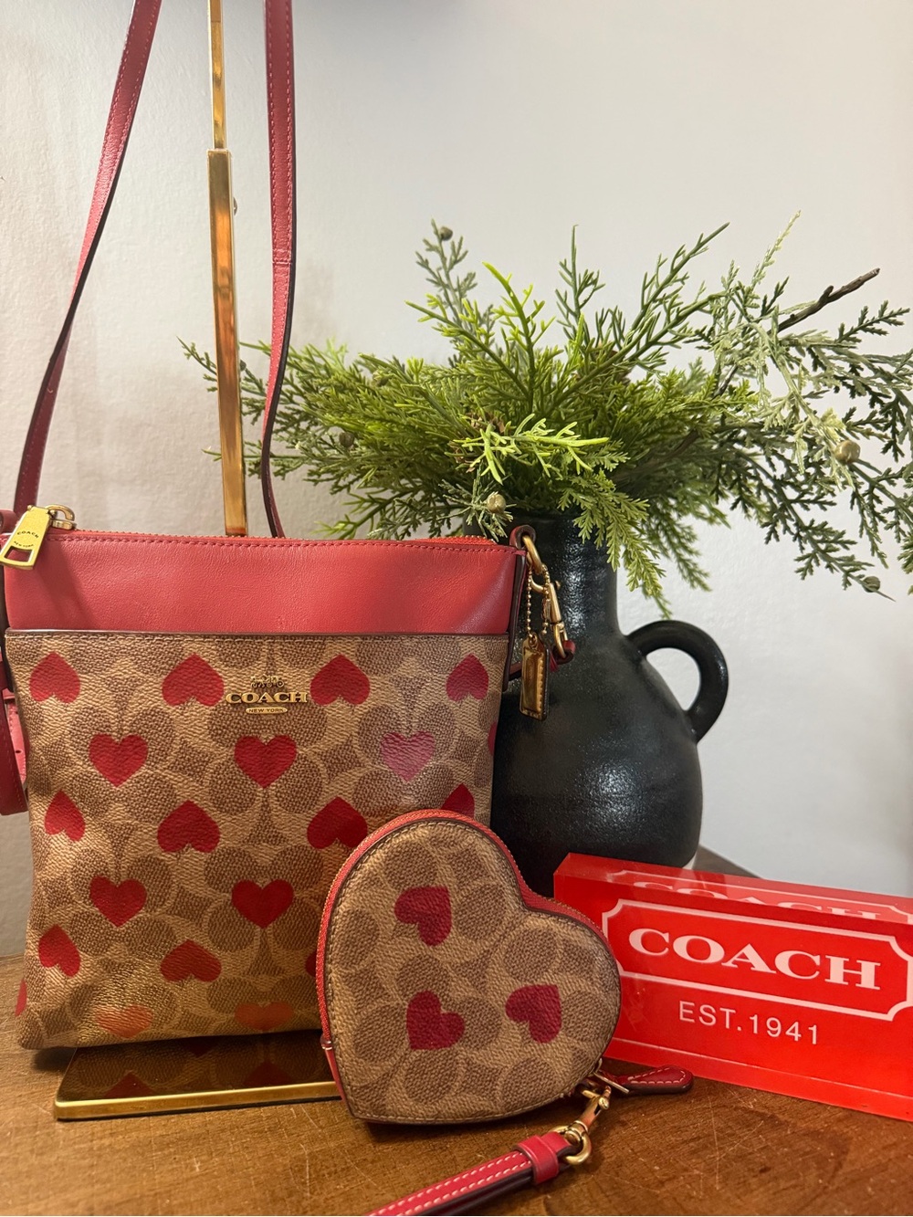 Coach Kitt Messenger “Heart Print” Crossbody & Heart Wristlet
